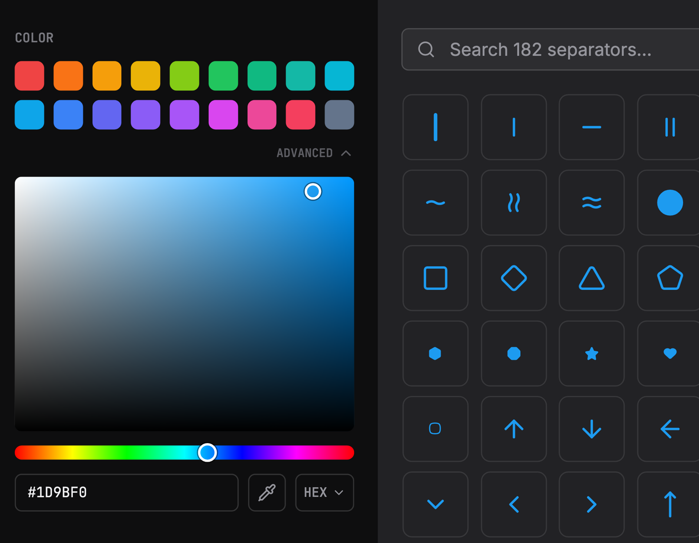 The color card with the Advanced section open: preset swatches above a color square, a hue slider, and a hex value field