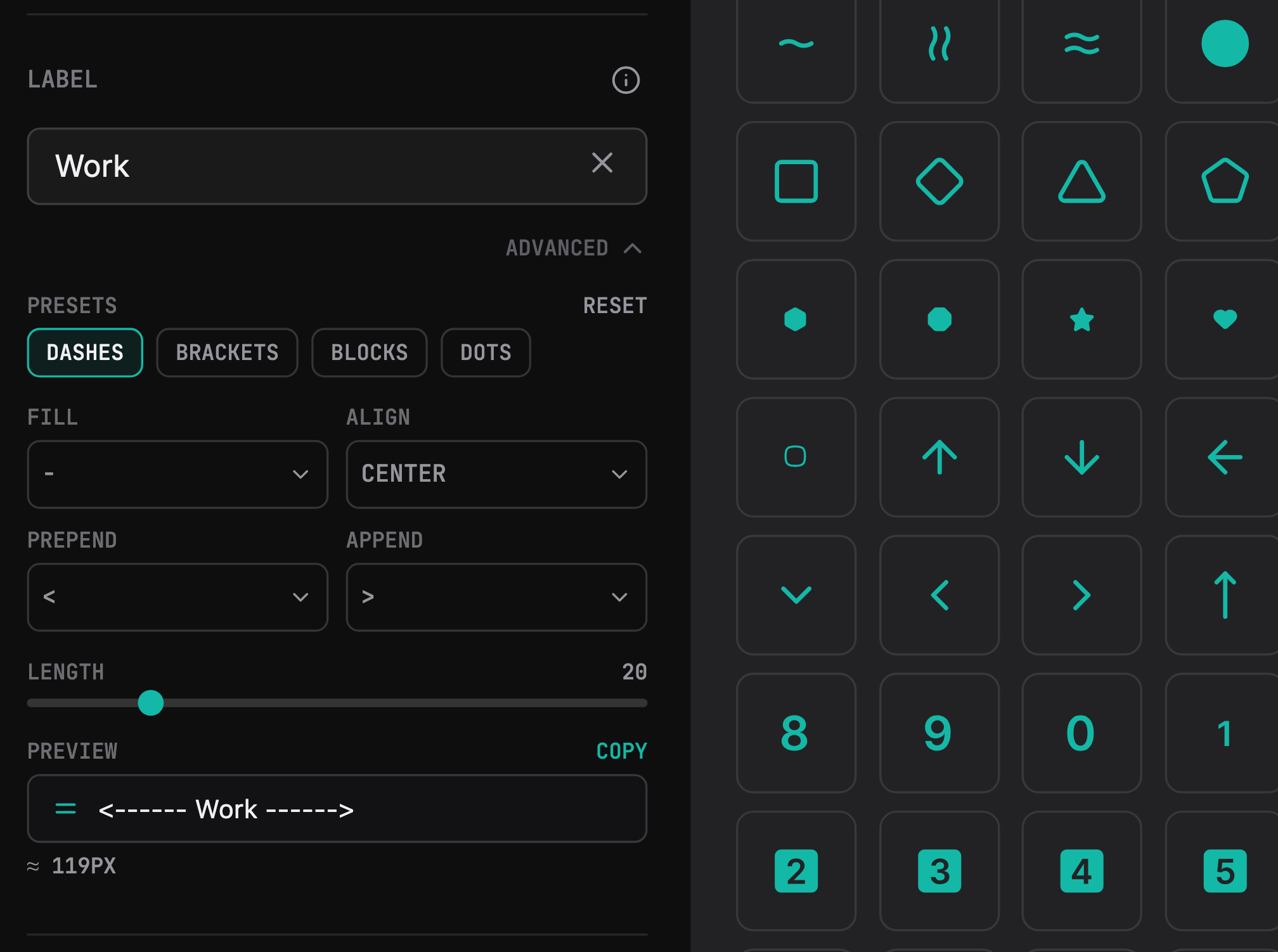The Label card with the label switched on: a text field reading Work, four presets, formatting controls, and the live preview with its fit meter, next to a glimpse of the separator grid
