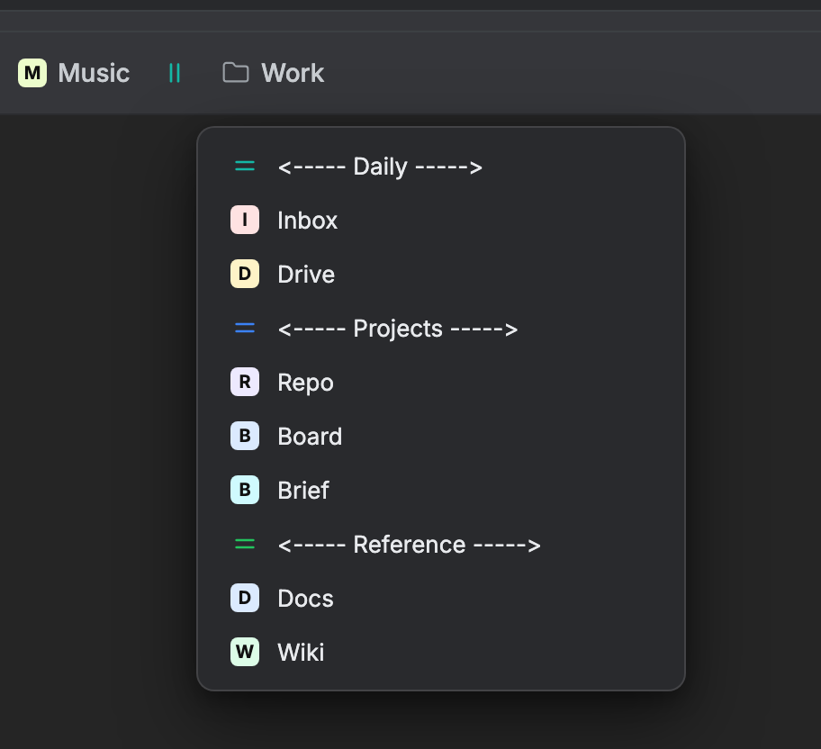 An open bookmark folder with labeled separators splitting the links into Daily, Projects, and Reference sections