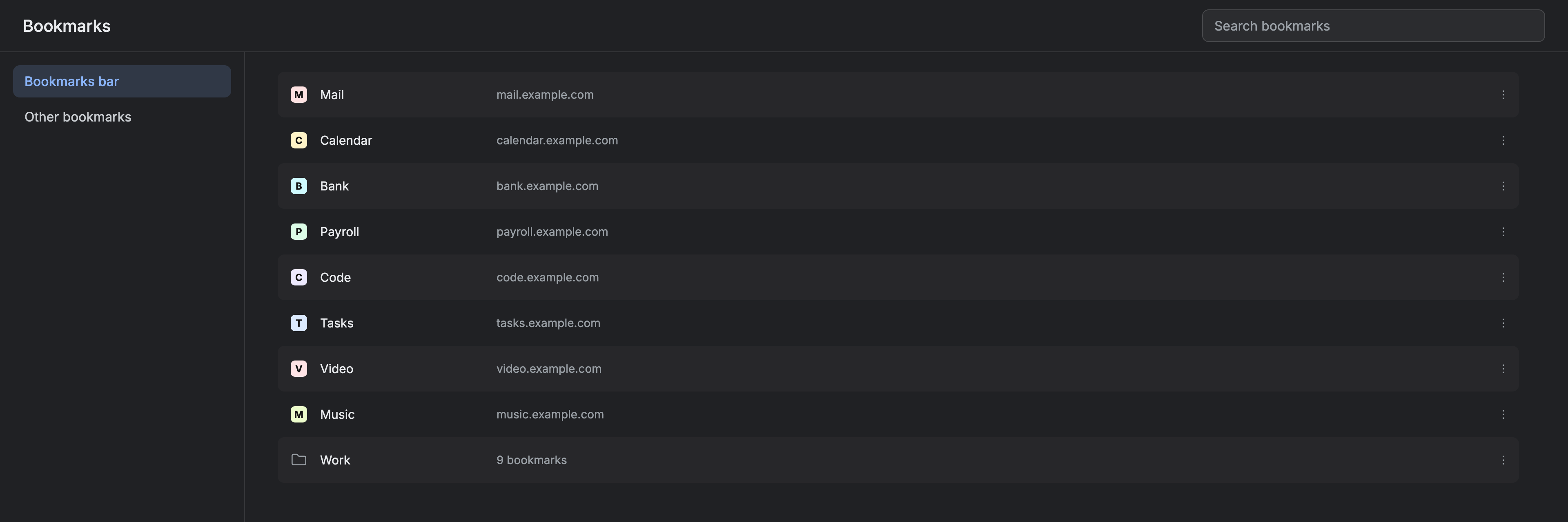 The browser bookmark manager showing folders and a list of bookmarks