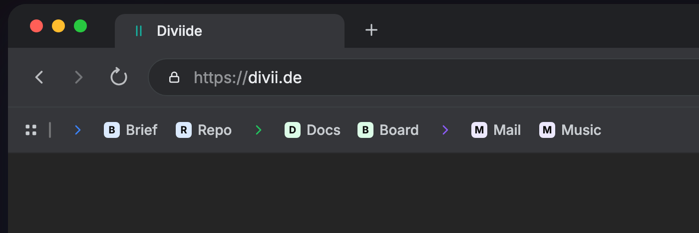 A bookmarks bar where a blue, a green, and a violet chevron separator each mark the start of a different project's links