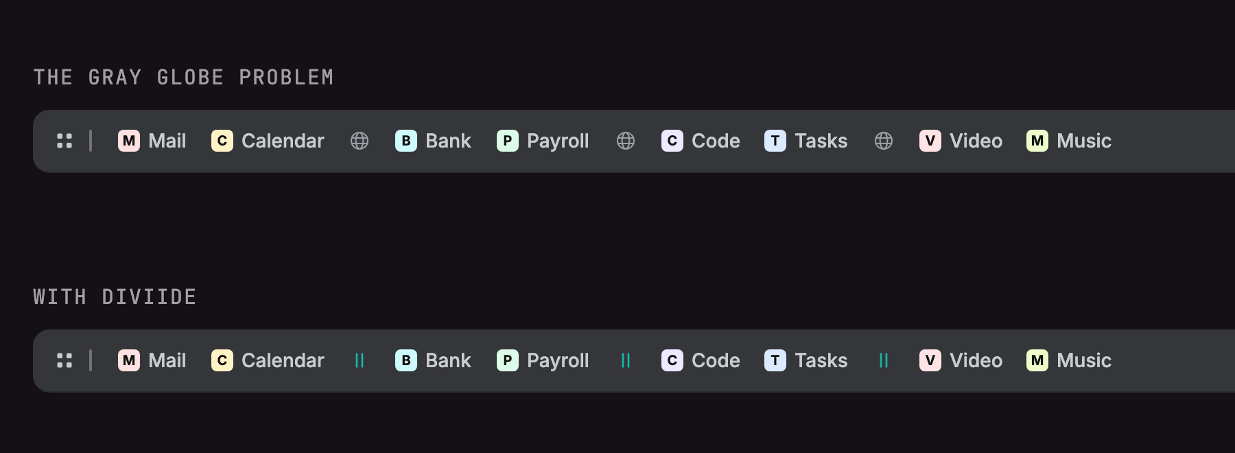 The same bookmarks bar twice: separators showing blank gray globes, then Diviide separators keeping their teal color