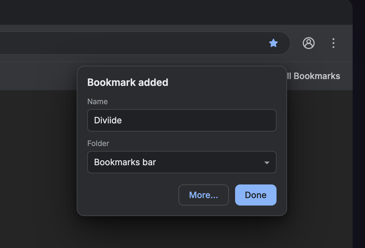 Chrome's Bookmark added dialog with a name field and a folder location set to the bookmarks bar