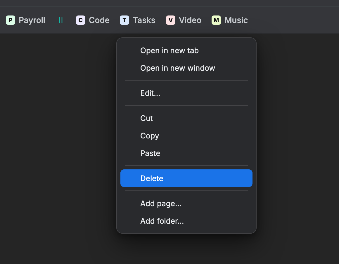 Right-click menu on a bookmark with the Delete option highlighted