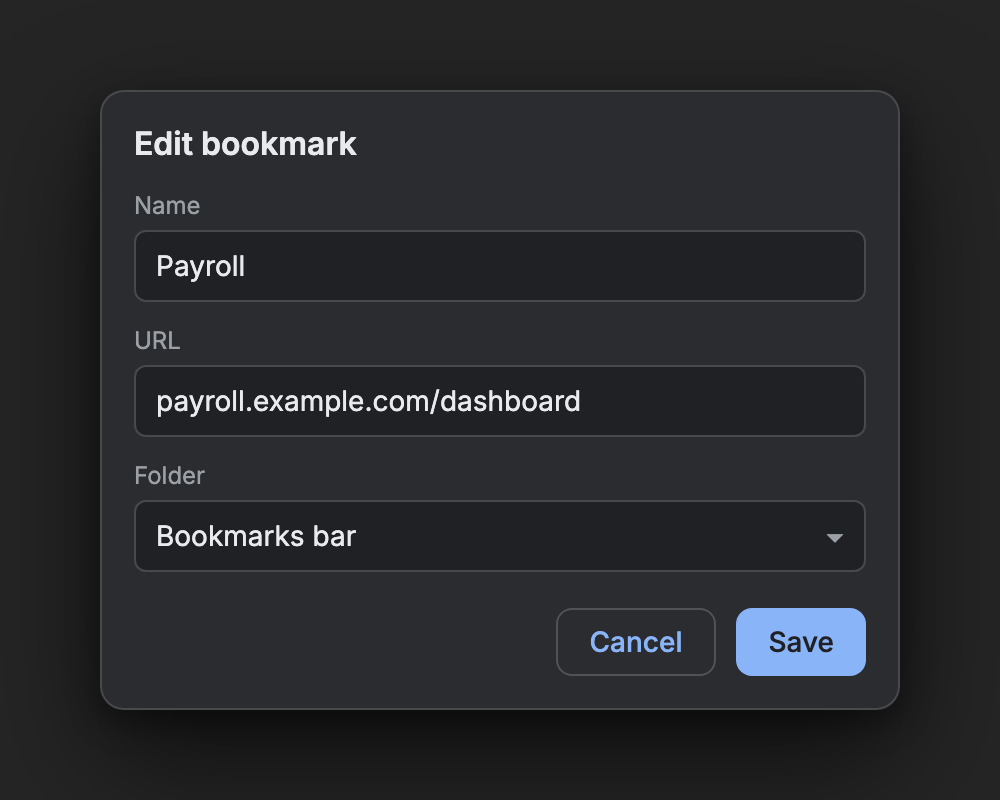 The Edit bookmark dialog with the name and address fields