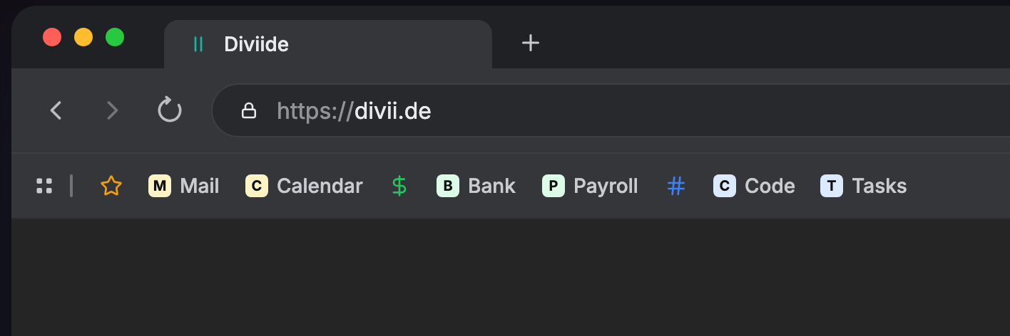 A bookmarks bar grouped by a starred Daily section, a dollar-sign Finance section, and a hash Dev section