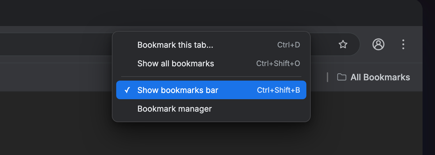 Chrome menu open at Bookmarks, with Show bookmarks bar highlighted