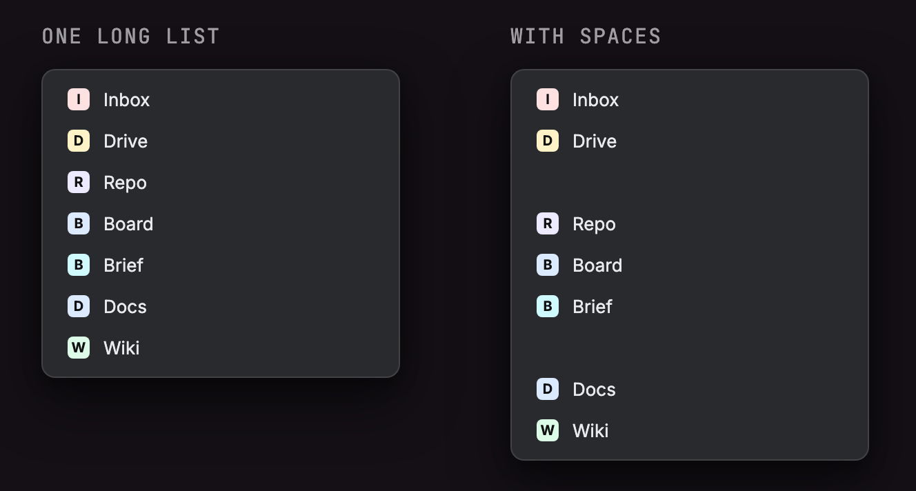 Two open bookmark folders side by side: one showing every link in a single list, the other showing the same links split into groups by blank gaps