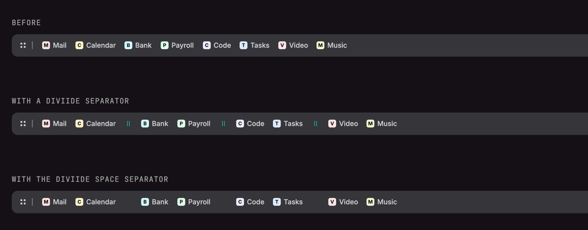 Three bookmarks-bar mockups stacked: the same eight bookmarks in one crowded run, then split into groups by teal separators, then split into the same groups by the Diviide Space Separator's blank gaps