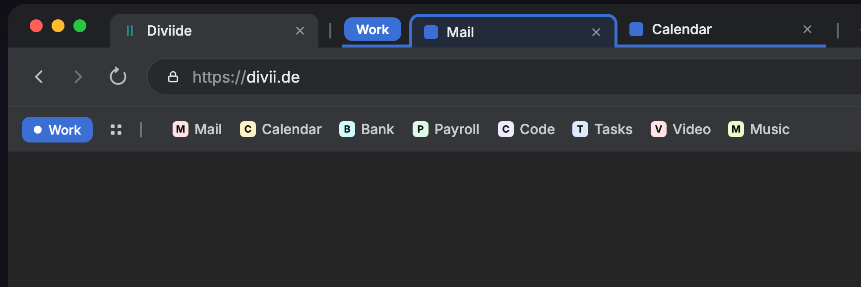 A saved tab group shown as a colored chip on the left of the bookmarks bar