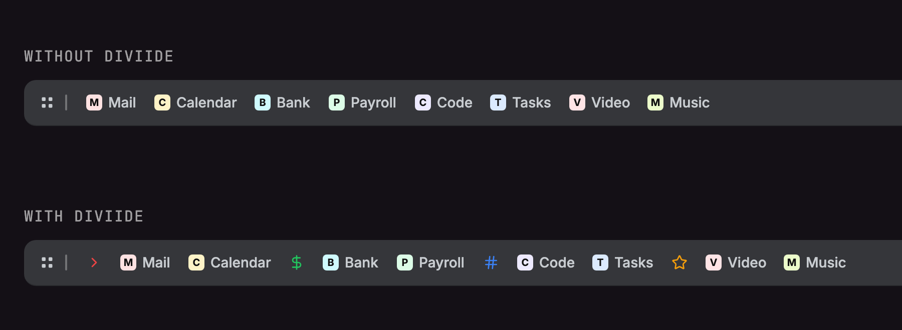 The same bookmarks bar twice: without Diviide it is one long row of icons, with Diviide separators split it into groups